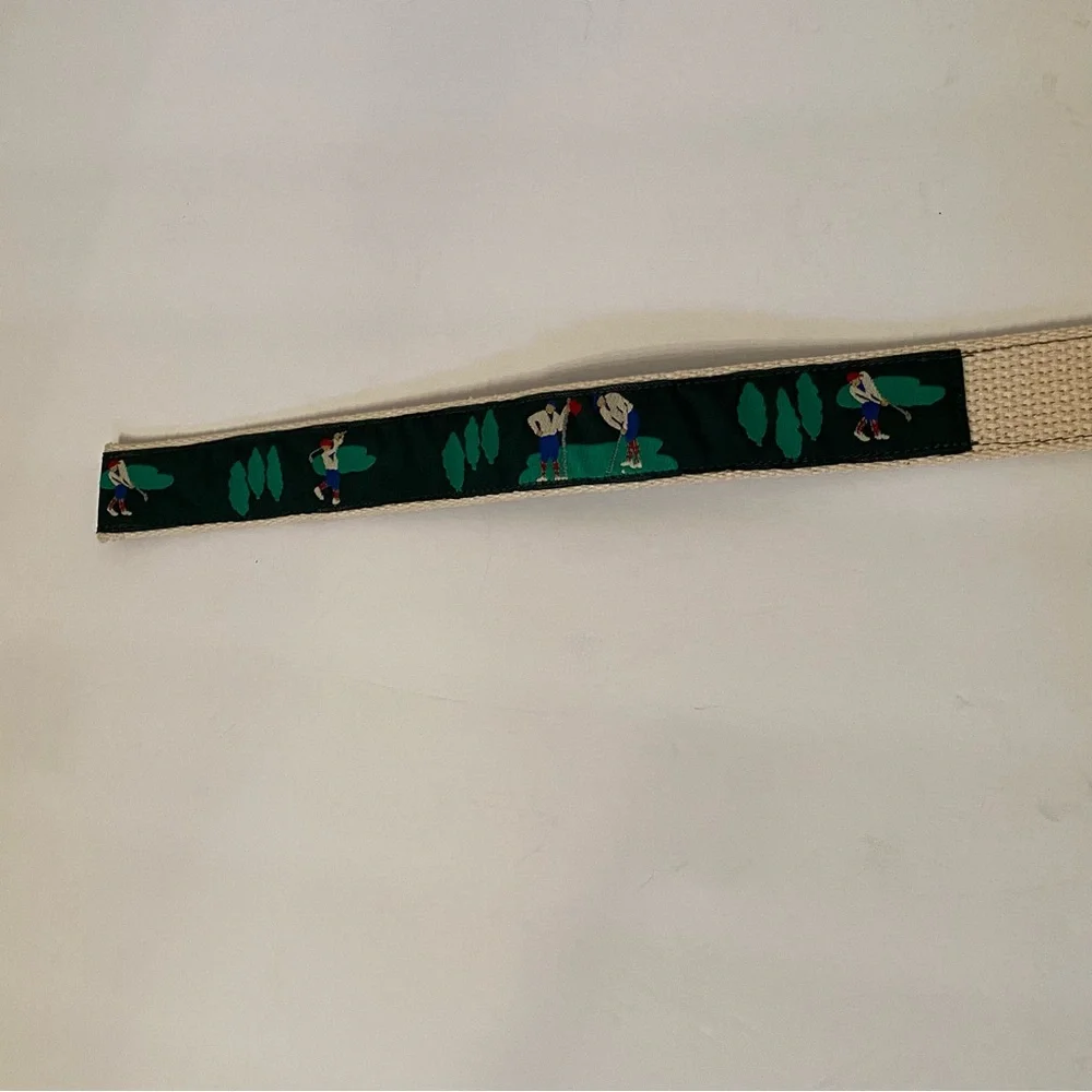 MENS BELT GOLF THEME GREEN CREAM WEBBING SILVER TONE D RINGS SIZE 38